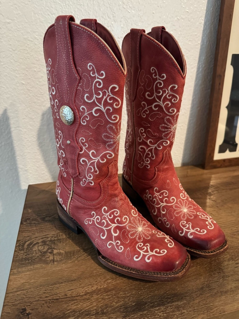 Ferrini Bella Red Leather Cowboy Boots with White Stitching